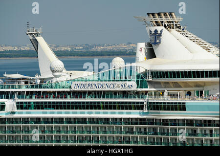 Independence of the Seas cruise ship at Santa Apolonia passenger terminal, Igreja de Santo Estevao church, Lisbon, Portugal Stock Photo