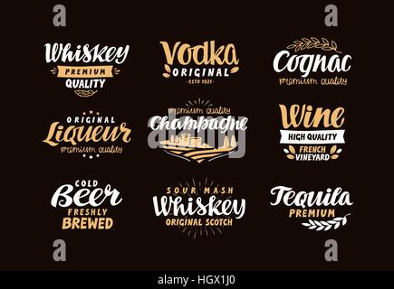 Menu bar, icons set. Labels of alcoholic drinks such as whiskey, vodka, wine, liqueur, champagne, beer tequila cognac Stock Vector