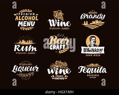Menu bar, icons set. Labels of alcoholic drinks such as wine, brandy, rum, craft beer, whiskey, liqueur, tequila Symbols Stock Vector