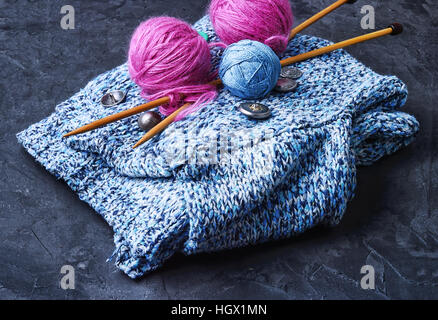 Kit knitting wool and knitting needles and buttons Stock Photo