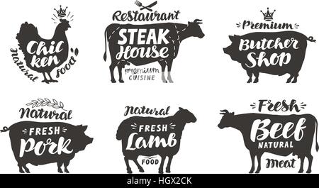 Farm animals icons set. Collection of labels with beautiful letterings. Vector illustration Stock Vector