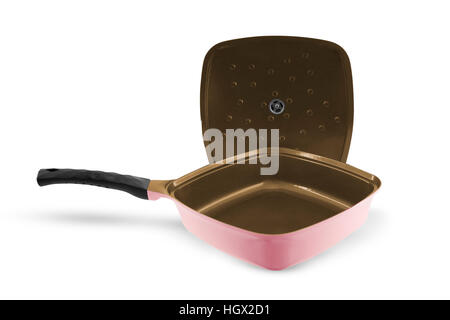 pink frying pan on a white background Stock Photo