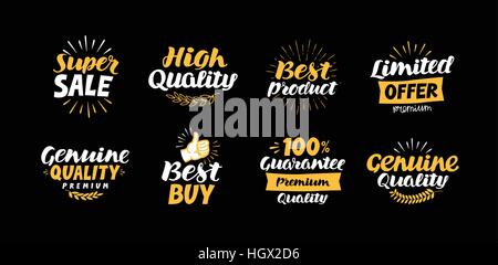labels with beautiful letterings such as super sale, high quality, best product, limited offer, genuine, buy, 100% guarantee, premium Stock Vector