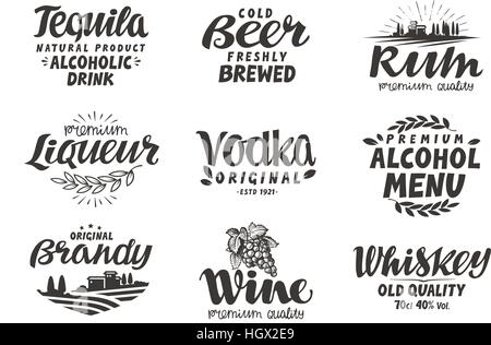 Alcoholic drinks. Collection labels for menu design restaurant or bar isolated on white background Stock Vector