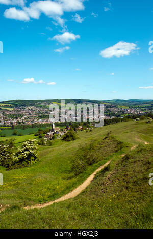 View over Selsley village and church to Stroud on the edge of the Cotswold Hills, Gloucestershire, UK Stock Photo