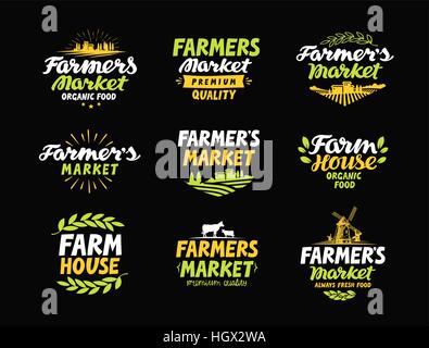 Farm vector logo. Farmers market, farming, agriculture collection icons Stock Vector