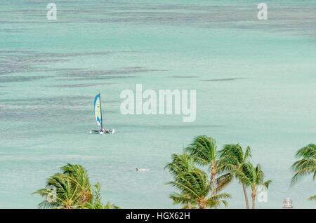 Aruba, Caribbean - September 26, 2012: Aerial view of boats from the west coast in Aruba island at the Caribbean Sea Stock Photo