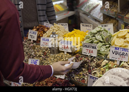 Herbal tea and dried fruits for sale in Istanbul Grand Bazaar Stock Photo