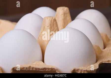White chicken eggs in a tray macro. horizontal Stock Photo