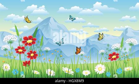 Floral background with butterflies and moutains Stock Vector