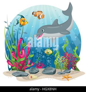 Dolphin and fish in the sea Stock Vector