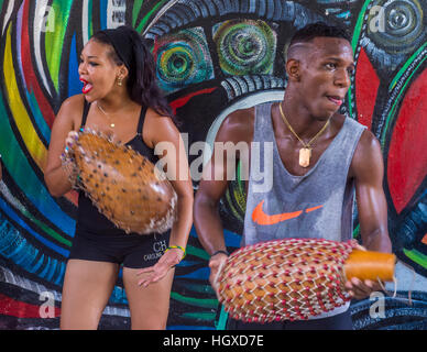 HAVANA, CUBA - JULY 18 : Rumba musicians in Havana Cuba on July 18 2016. Rumba is a secular genre of Cuban music involving dance, percussion, and song Stock Photo