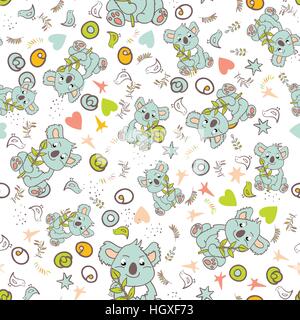 Vector seamless animal pattern with charming bear koala, flowers and leaves. Stock Vector