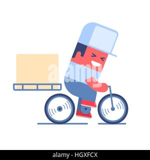 Delivery service. Cartoon delivery man riding a bicycle with delivery box on it. Just place your logo on the cap or box. Stock Vector