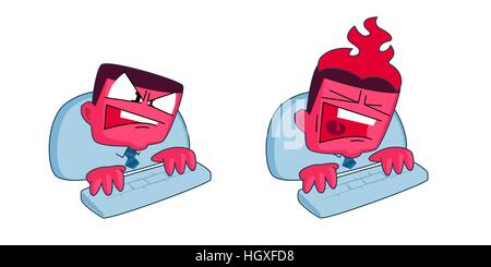 Vector cartoon style stressed businessman typing on computer and shouting. Head is burning. Stock Vector