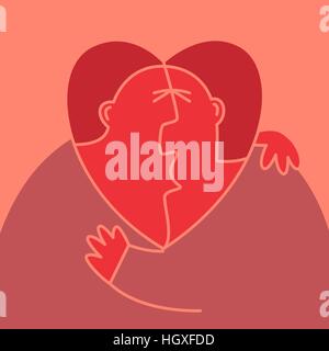 Abstract man and woman kissing each other. Their heads is in shape of the heart with male silhouette inside. Stock Vector
