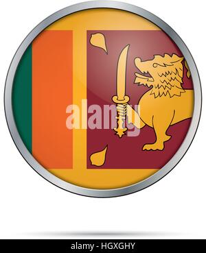 Vector Sri Lanka flag in glass button style with metal frame. Stock Vector