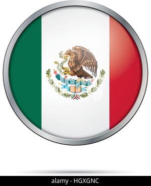 Vector Mexican flag Button. Mexico flag in glass button style with metal frame. Stock Vector