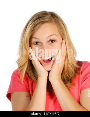 Blonde young woman is surprised and pleased Stock Photo