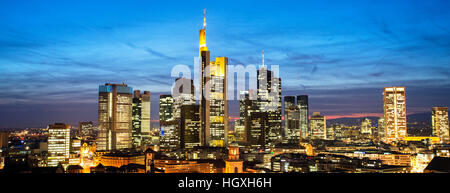 Frankfurt skyline at night in Panorama format Stock Photo