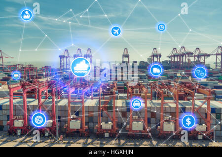 Global business connection technology interface global partner connection of Container Cargo freight ship for logistic import export background. Busin Stock Photo