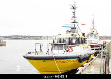 A yellow pilot boat docked at a harbor in Halifax Stock Photo