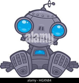 Vector cartoon illustration of a cute, but sad little robot with blue eyes sitting on the floor. Stock Vector
