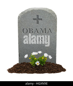 Gravestone with Obamacare on it Isolated on White Background. Stock Photo