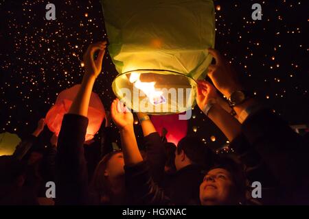 Poznan, Poland - June 21, 2012 Sky lanterns on a Midsummer Night in Poland Stock Photo