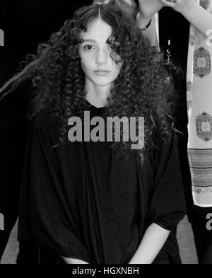 New York, USA - September 08, 2016: Hanne Linhares prepares backstage for the Desigual Spring 2017 fashion show Stock Photo