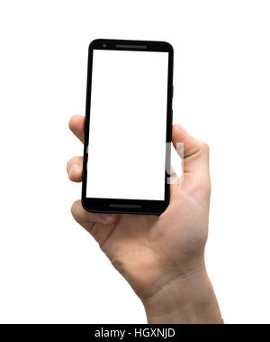 Isolated male hand holding a black smart phone Stock Photo