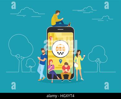 People with gadgets using smartphones outdoors for booking taxi Stock Vector