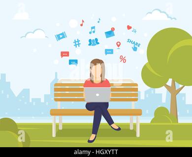 Young woman sitting in the park on the bench and working with laptop Stock Vector