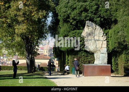 Florence. Italy. Boboli Gardens (Giardini di Boboli) and the bronze sculpture Tindaro Screpolato (1998) by Igor Mitoraj (1944-2014). Stock Photo