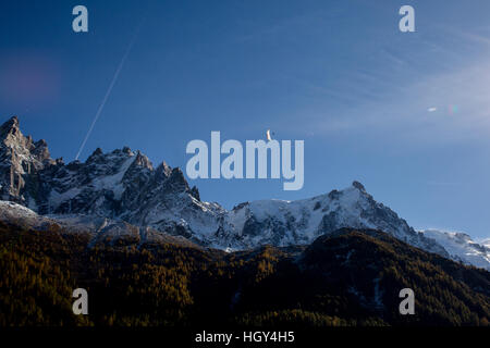 A parapenter flying in the Chamonix valley Stock Photo