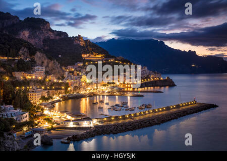 Early morning twilight view of Amalfi, Gulf of Salerno, Campania, Italy Stock Photo