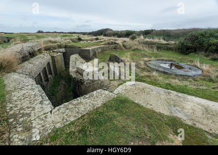 Old broken German bunkers of Atlantic Wall and artillery battery of Longues sur Mer. The battery at Longues was situated between the landing beaches O Stock Photo