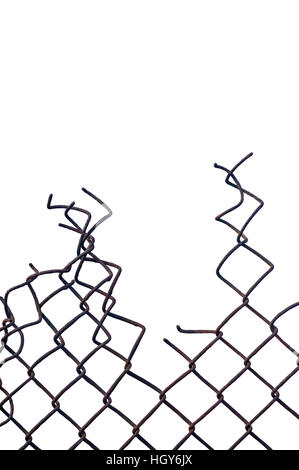 Grunge old aged weathered crushed rusty wire security fence, large detailed isolated vertical macro closeup, white background, blank empty copy space Stock Photo