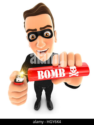 3d thief lighting a stick of dynamite, illustration with isolated white background Stock Photo