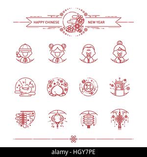 Vector Illustration of Happy Chinese New Year Icons Set. Modern Linear Style. Stock Vector