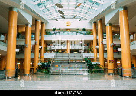 MINSK, BELARUS - May 18, 2015: The Interior of Building Of National Library Of Belarus In Minsk. Famous Symbol Of Belarusian Culture And Science Stock Photo