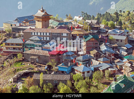 Picturesque view of Kalpa village (2960 m) at sunrise. Spiti valley, Himachal Pradesh, India. Stock Photo