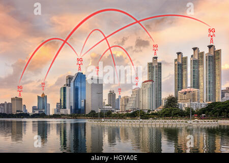 Concept of 5G network connection illustrated by smart city and buildings. Stock Photo