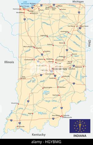 indiana road map with flag Stock Vector