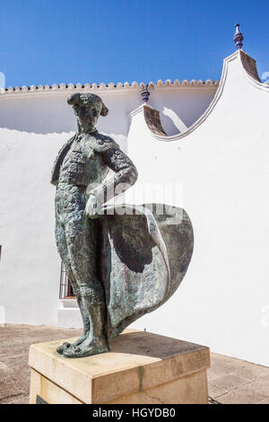 Spain, Andalusia, Province of Malaga, Ronda, sculpture of famous bullfighter Cayetano Ordonez at the Plaza de toros de Ronda, the Ronda Bullring Stock Photo