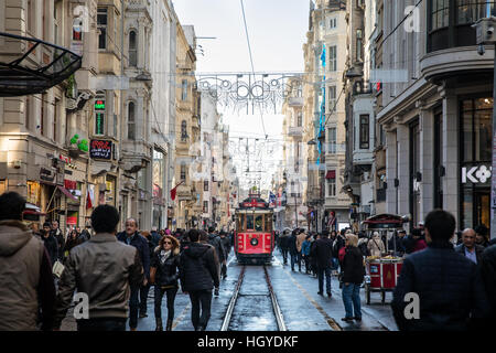 The iconic red tram on Istiklal in Istanbul, Turkey. Stock Photo