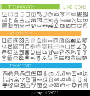 Vector illustration of thin line icons for technology household and transport - Linear symbols set Stock Vector