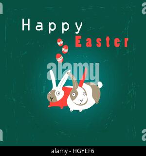 Easter card with rabbits and eggs on a green background Stock Vector