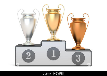 Golden, silver and bronze trophy cups on pedestal, 3D rendering isolated on white background