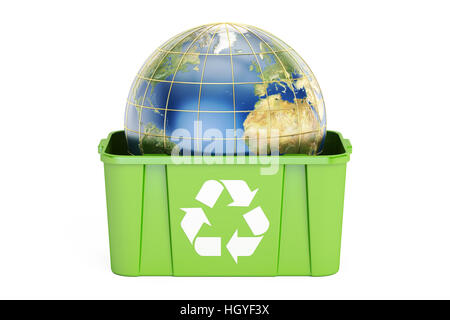 recycling bin with Earth, 3D rendering isolated on white background Stock Photo